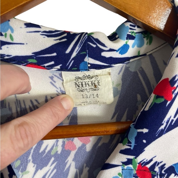 Vintage 40s Floral Rayon Dress Blue Red White Short Sleeve Midi Summer Dress - Picture 3 of 5